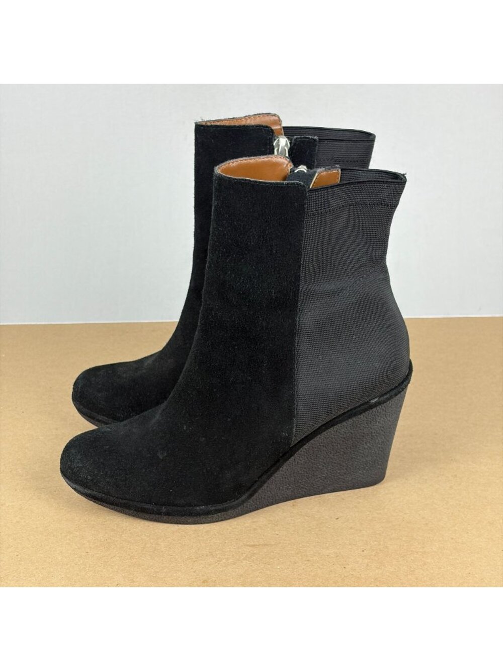 Adrienne Vittadini Pang Suede Wedge Boots Womens 8.5 Black Side Zip Casual